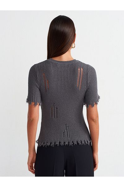 Dilvin 10555 Crew Neck Ripped Detailed Knitwear Sweater-Smoked