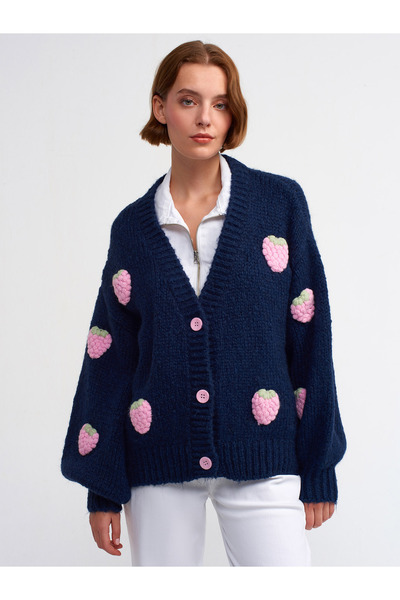 Dilvin 60185 Cardigan brodat cu căpșuni din amestec de lână-albastru închis