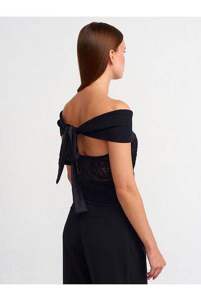 Dilvin 10581 Black Knitwear Blouse - Bardot Collar and Bow Detail