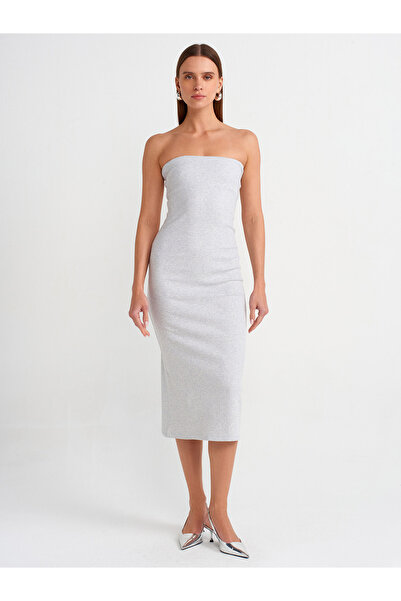 Dilvin 91127 Straplez Midi Elbise-Gri Melanj