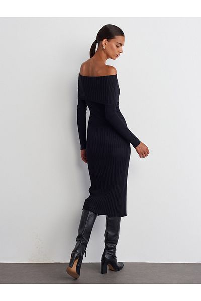 Dilvin 90233 Black Bardot Collar Ribbed Knitwear Dress
