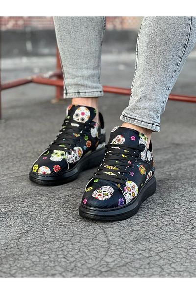 RUBY BOUTİQUE Black Patterned Skull Painted Men's Casual Shoes