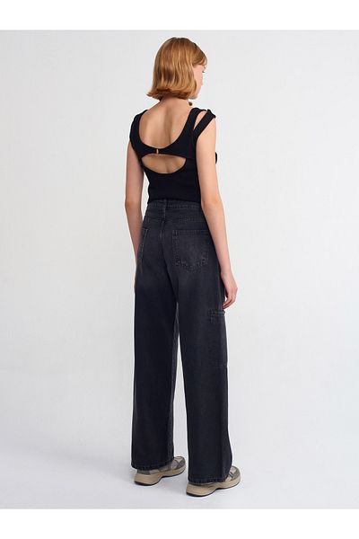 Dilvin 71378 Front Piece Denim Cargo Pants-Black
