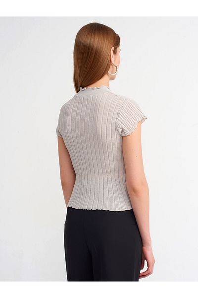 Dilvin 10518 Model - Gray Stand Collar Transparent Knitwear Blouse