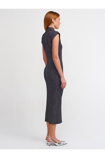 Dilvin 90171 Rochie din tricotaj cu sclipici fără mâneci cu guler vertical-Negru-G