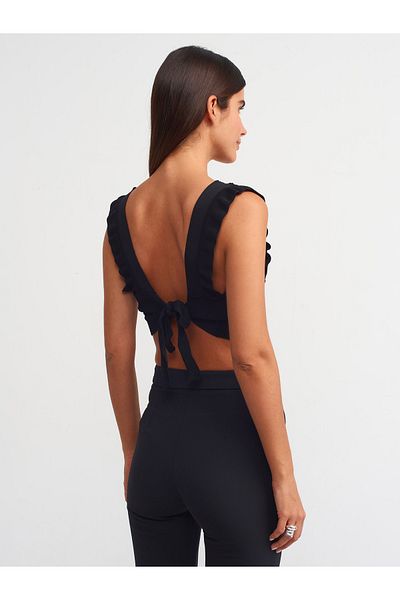 Dilvin 10546 V-Neck Frilly Knitwear Crop-black