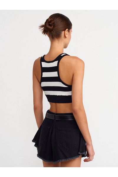 Dilvin 10377 Striped Knitwear Crop-Black-Ecru