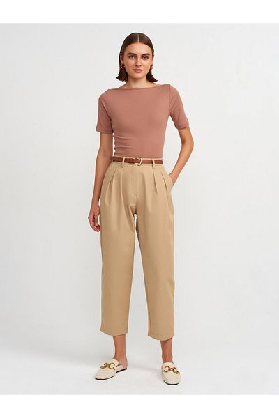 Dilvin 71538 Belted 100% Cotton Trousers-Camel