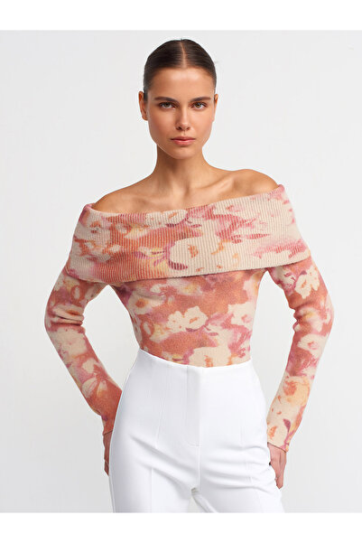 Dilvin 10521 Soft Textured Bardot Collar Floral Printed Sweater-Beige-Pink