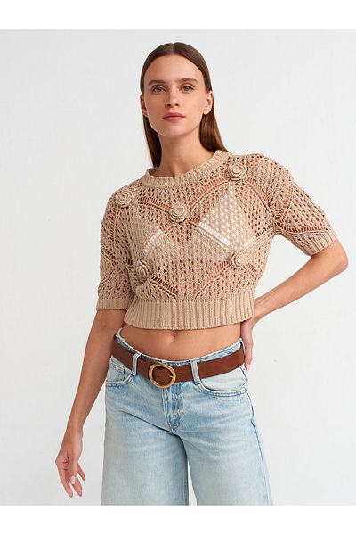 Dilvin 10584 Pulover ajurat bej cu decolteu