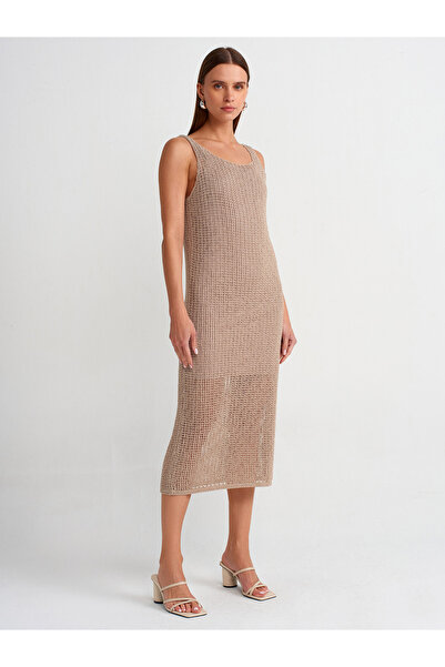 Dilvin 90206 Ζαρτιέρες Ανοιχτόχρωμο Πλεκτό Φόρεμα-Μπεζ