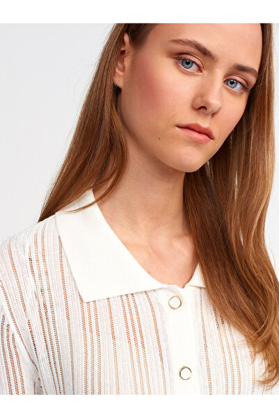 Dilvin 60200 Transparent Polo Neck Buttoned Knitwear Cardigan-Ecru