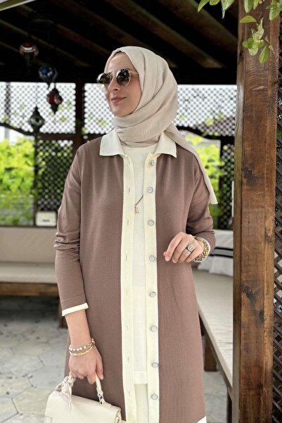 Rabia Şamlı Ζακέτα πλεκτής ριγέ εικόνας σε χρώμα καφέ γάλακτος