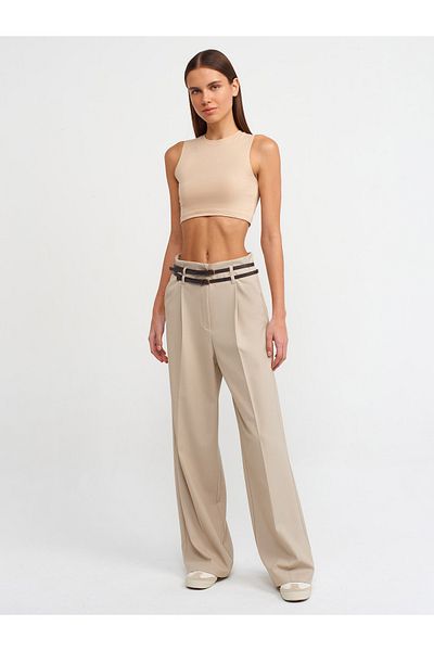 Dilvin 71260 Belted High Waist Trousers-Stone