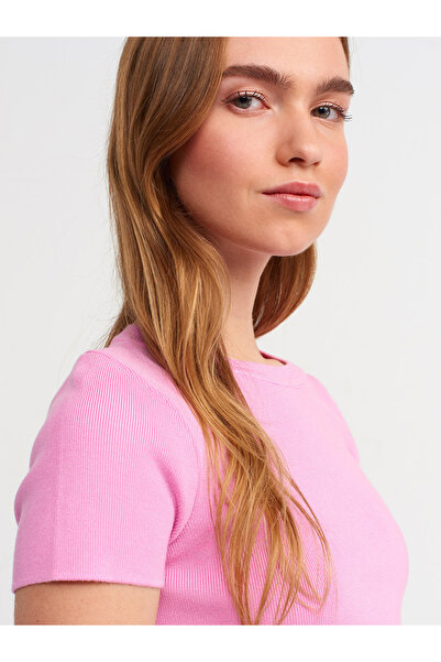 Dilvin 10357 Bisiklet Yaka Kısa Kol Crop Kazak-pembe