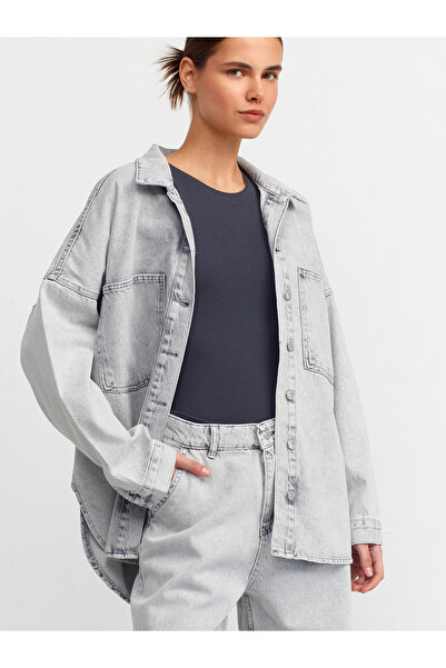 Dilvin 5307 Yıpratmalı Oversize Gömlek-Gri
