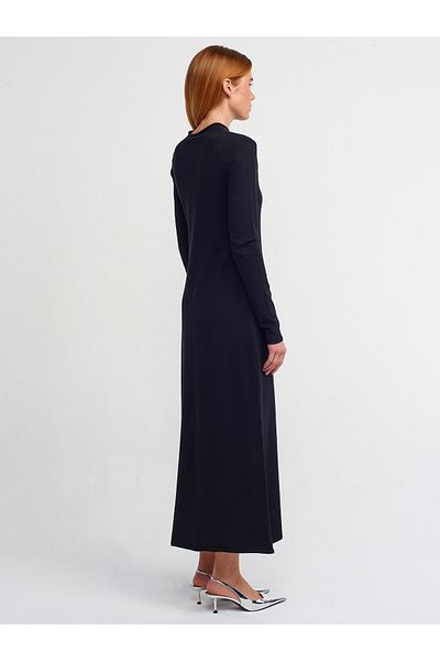 Dilvin 90170 Stand Collar Front Slit Knitwear Dress-Black
