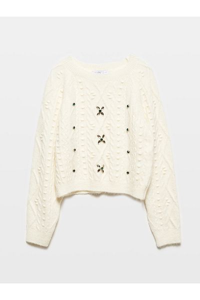 Dilvin 10462 Crew Neck and Stone Embroidered Sweater - Ecru