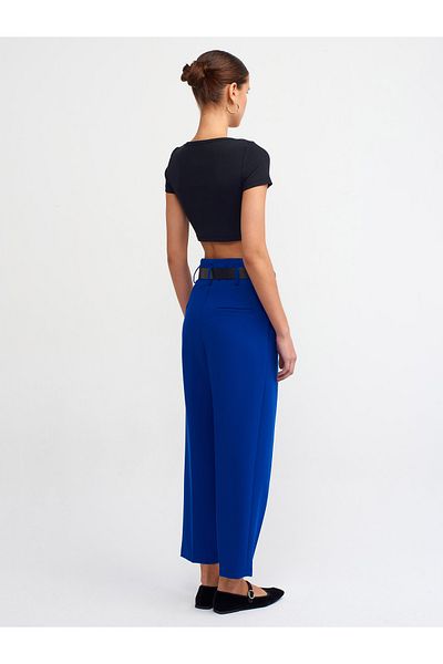 Dilvin 71242 Belted High Waist Trousers-Sax
