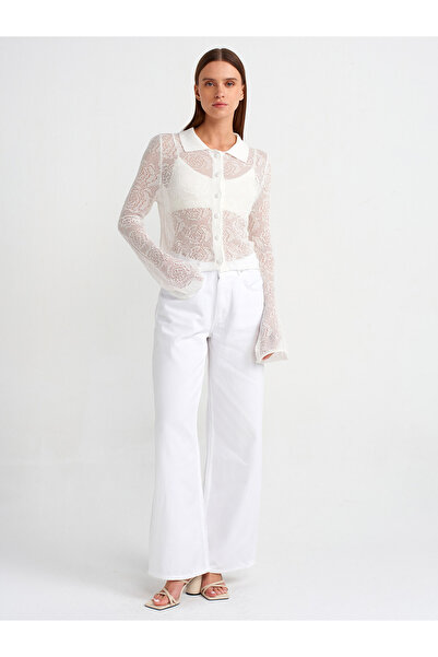 Dilvin 60229 Polo Collar Lined Knit Cardigan-Ecru