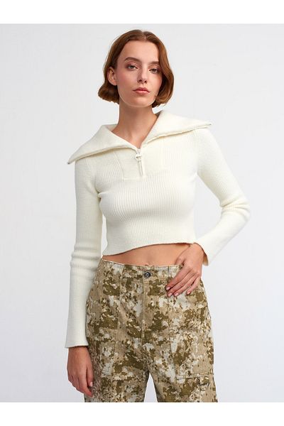 Dilvin 10299 Trucker Neck Ribbed Short Sweater-Ecru