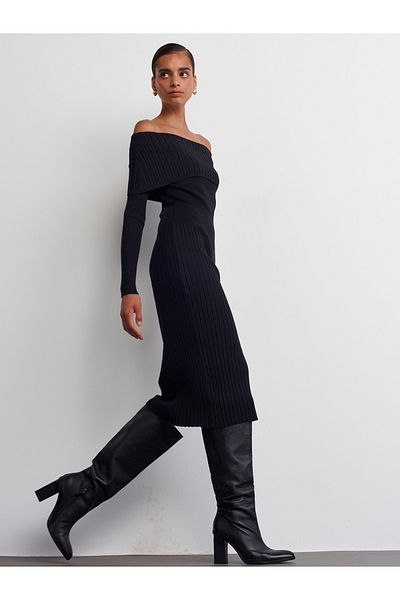 Dilvin 90233 Black Bardot Collar Ribbed Knitwear Dress