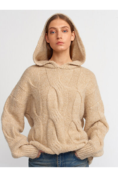 Dilvin 10496 Pulover oversize din tricot de păr cu glugă-bej închis