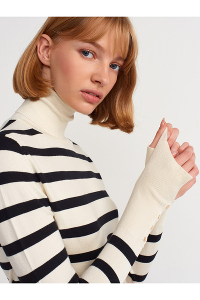 Dilvin 10432 Balıkçı Yaka Çizgili Duroplu Kazak-krem-siyah