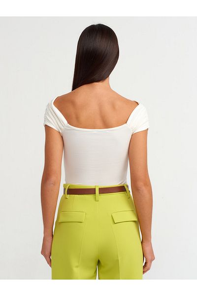 Dilvin 20828 Off-shoulder Drawstring Bodysuit-Ecru