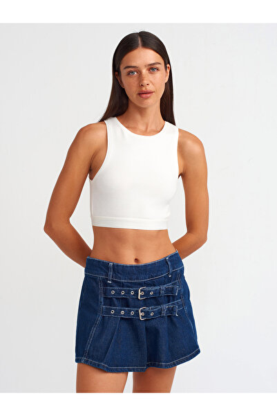 Dilvin 80567 Kemer Detaylı Mini Denim Etek-Lacivert