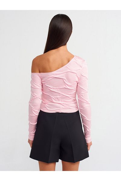 Dilvin 10566 Pulover subțire din tricotaje roz cu guler asimetric
