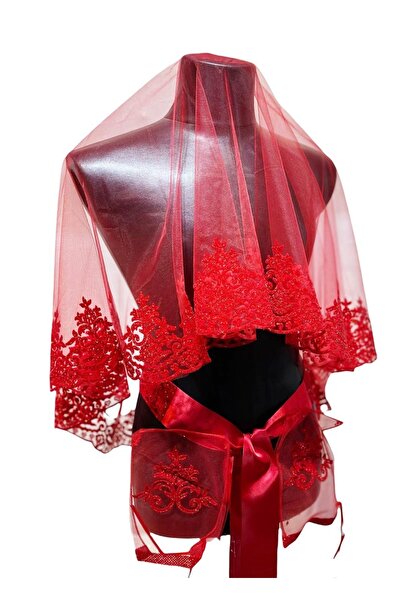 dotdiri Kırmızı Flok Baskı Simli Gelin Duvak Kuşak Eldiven Gelin Örtüsü Set K...