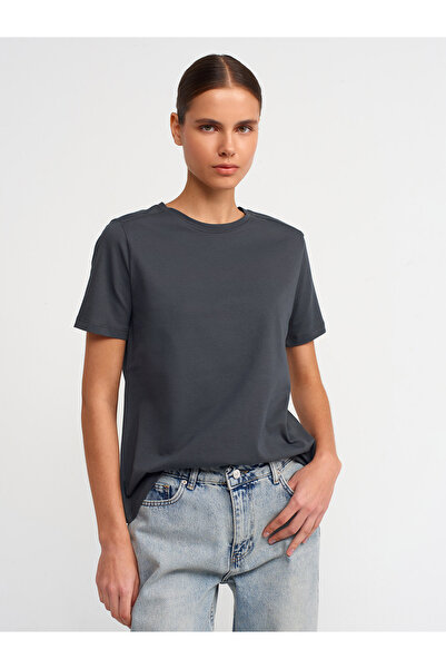Dilvin 30740 Bisiklet Yaka Pamuklu T-shirt-antrasit