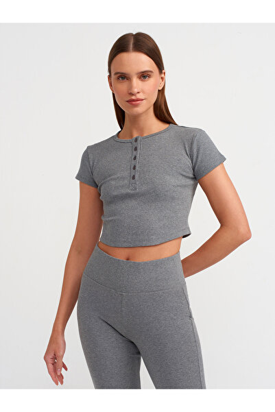 Dilvin 31022 Anthracite Crop Top - Button Detailed