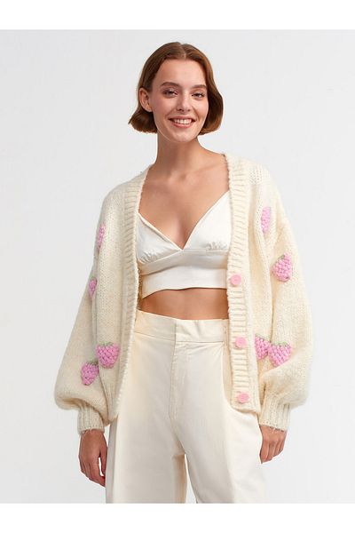 Dilvin 60185 V-Neck Strawberry Embroidered Balloon Sleeve Knitwear Cardigan-ecru