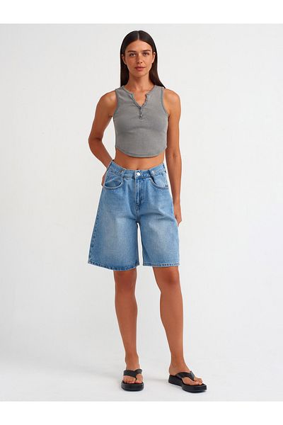 Dilvin Model 71671 - Pantaloni scurți din denim albastru cu centură reglabilă