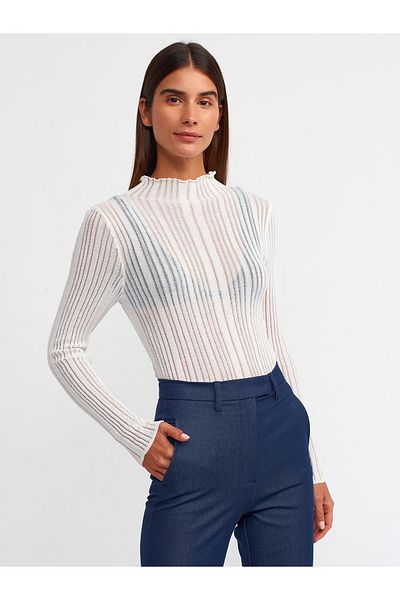 Dilvin 10497 High Collar Ribbed Transparent Sweater-Ecru