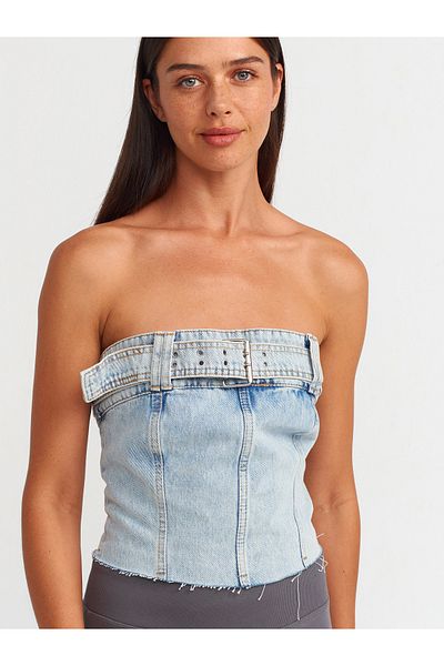 Dilvin 50728 Bustieră albastră din denim fără bretele - cu curea