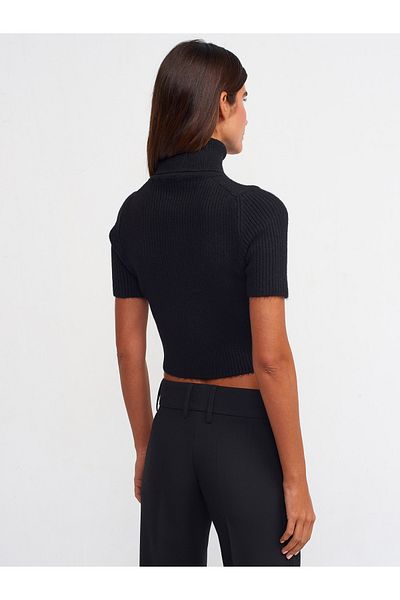Dilvin 10487 Pulover crop cu mânecă scurtă cu nervuri, negru
