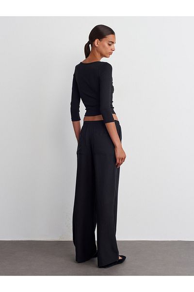 Dilvin 71536 Black Draped Waist Tied Trousers