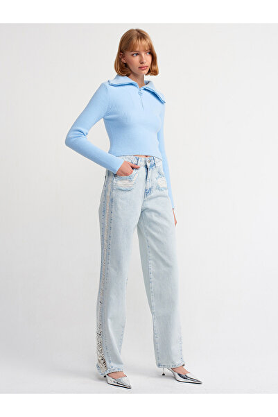 Dilvin 10299 Pulover scurt cu nervuri la gât camionier-albastru