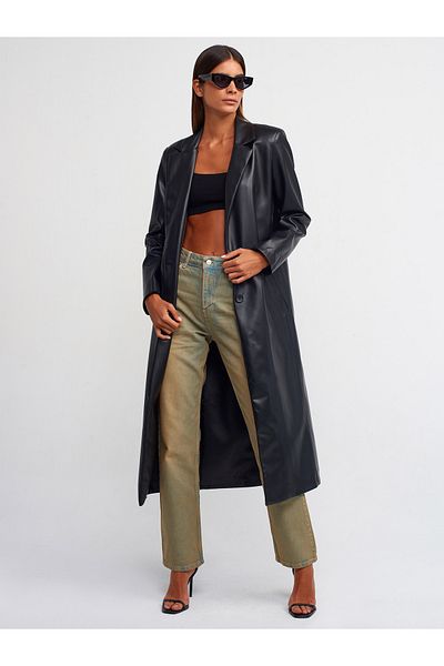 Dilvin 65461 Faux Leather Trench Coat-Black