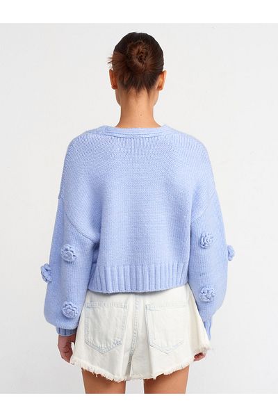 Dilvin 60216 Cardigan de tricotaj albastru - decolteu în V, mânecă cu balon brodat cu trandafiri