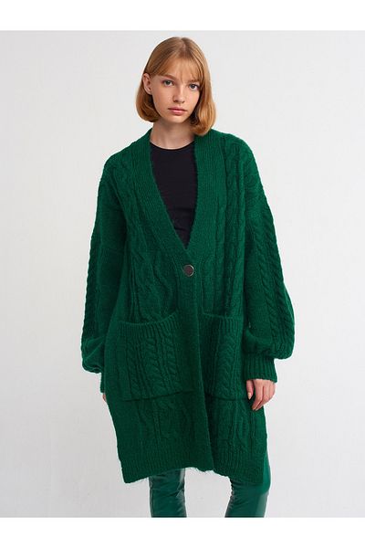Dilvin 60194 Tricot cu decolteu în V, cu un singur buton, pentru buzunar. Cardigan-Smarald
