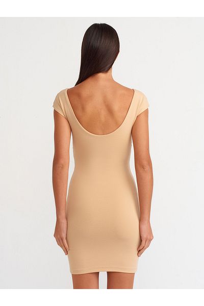 Dilvin 90054 Beige Mini Dress - Back Low-cut Detail