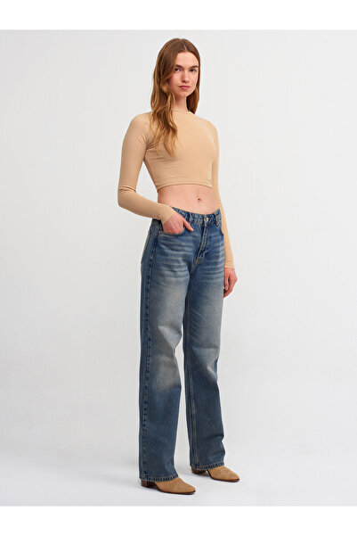 Dilvin 30349 Crew Neck Long Sleeve Top-Beige