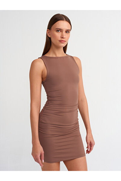Dilvin 91111 Model - Brown Colored Gathered Mini Dress