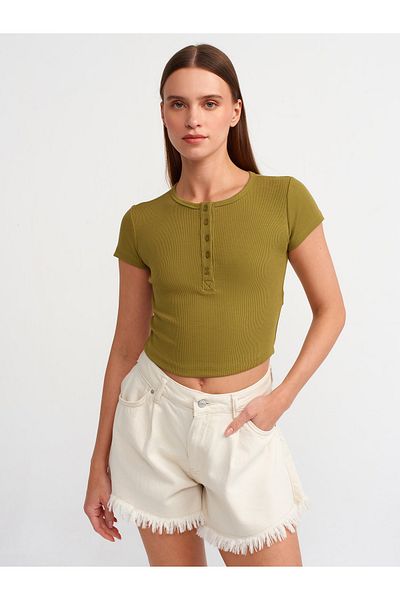 Dilvin 30938 Crop Top kaki - Detaliat cu nasturi