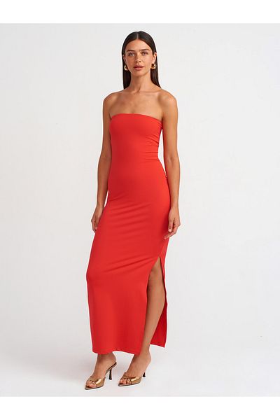 Dilvin 91176 Red Strapless Midi Dress