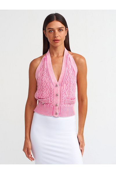 Dilvin 60234 Pink Knitwear Vest - Halter Collar and Button Detail